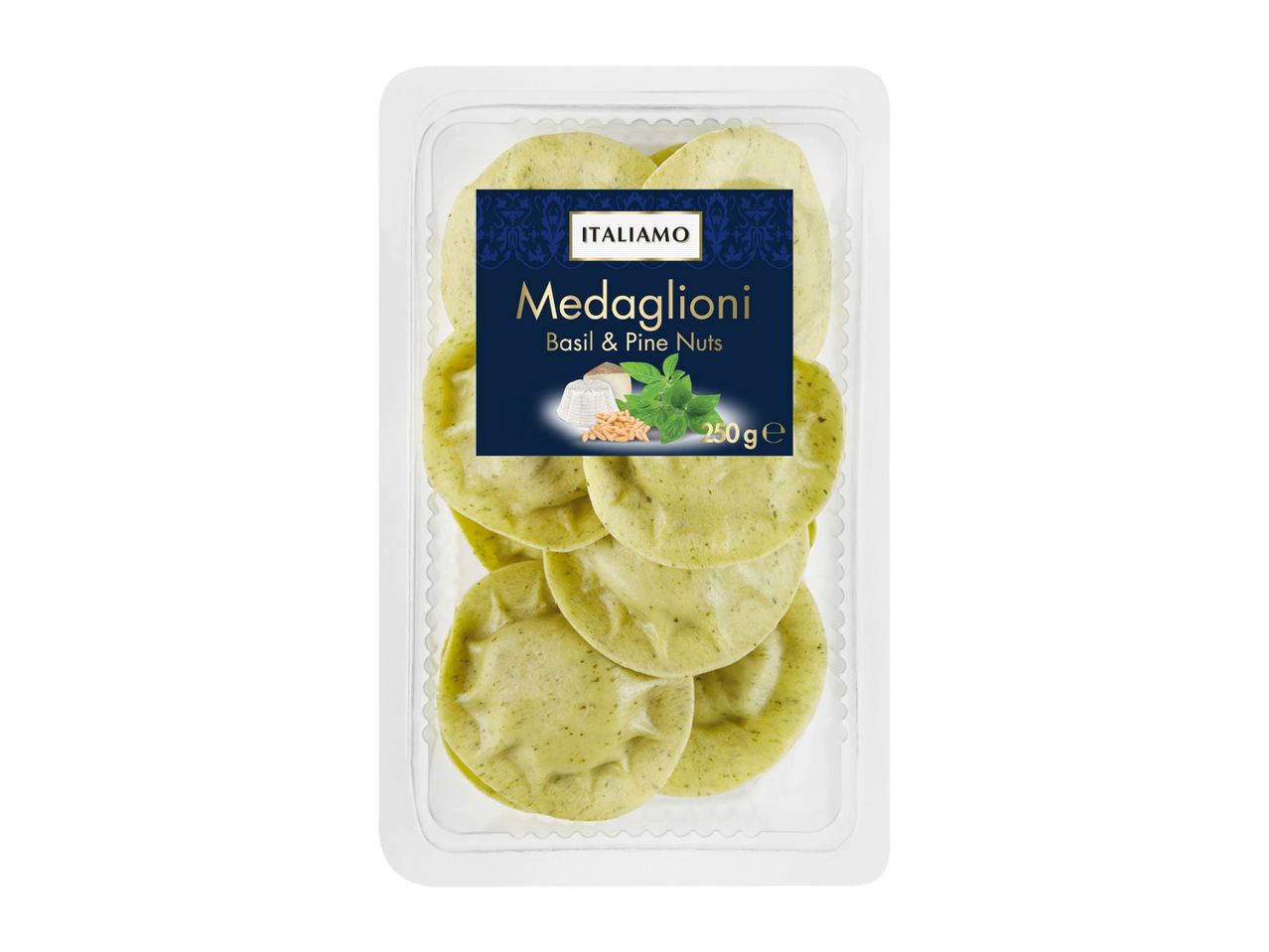 Italiamo Medaglioni Basil & Pine Nuts pasta in clear plastic packaging.