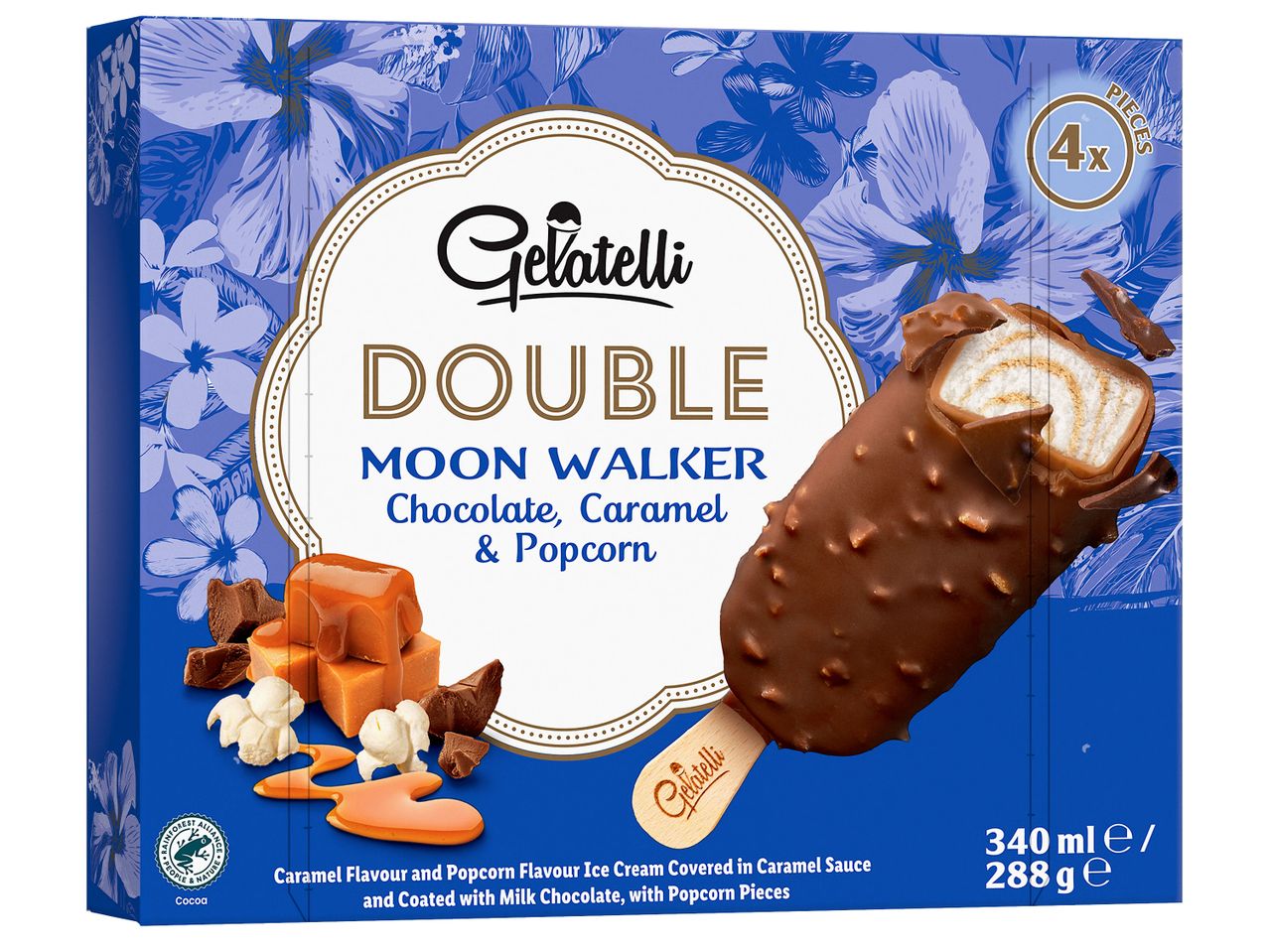 Премиум сладолед на клечка Gelatelli Double Moon Walker с шоколад, карамел и пуканки.