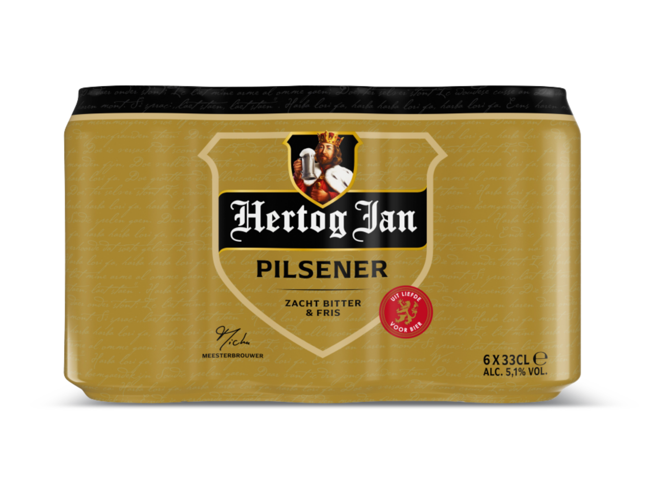 Gouden sixpack pilsener blikjes met een koning die een bierpul vasthoudt.