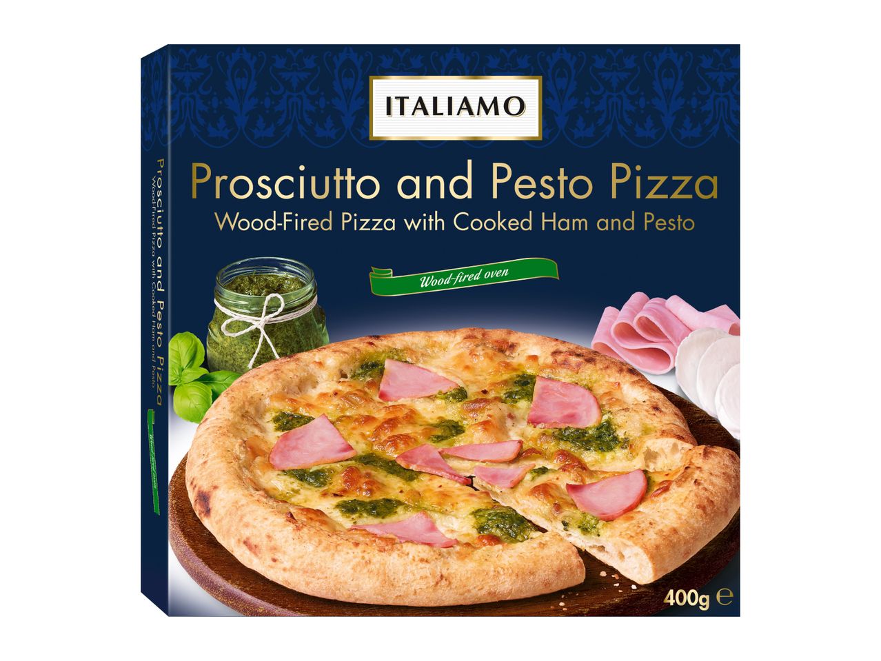 Prosciutto and Pesto Pizza, wood-fired with cooked ham, 400g.