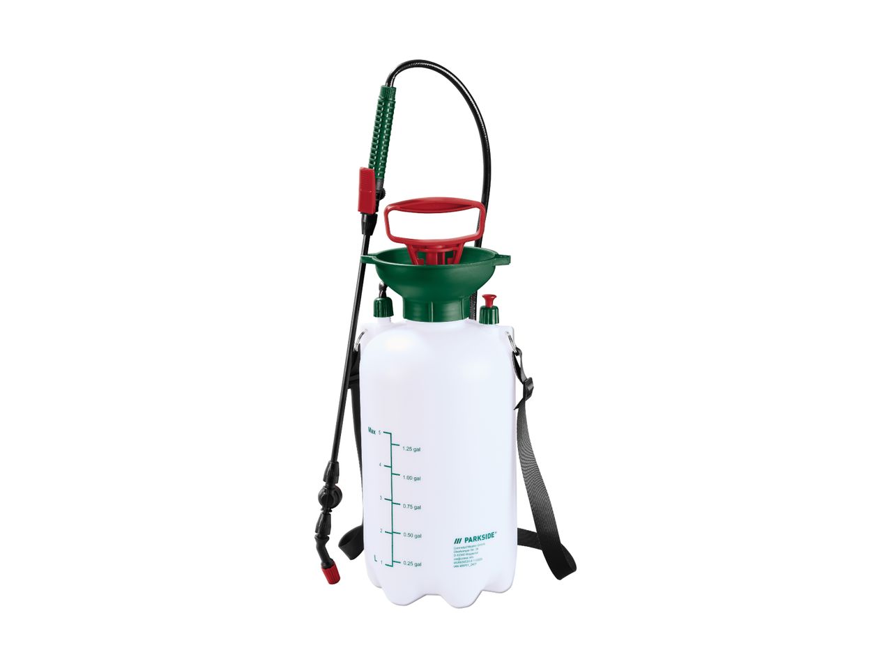 White garden pressure sprayer with green and red accents, featuring a hose and nozzle.