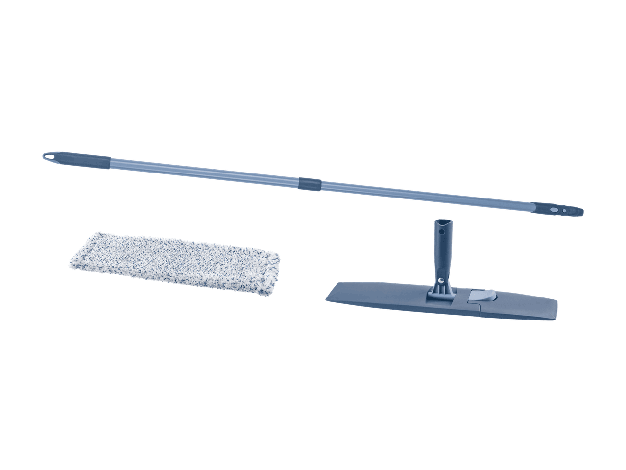 Flachmopp mit Teleskopstiel und Mikrofasertuch.