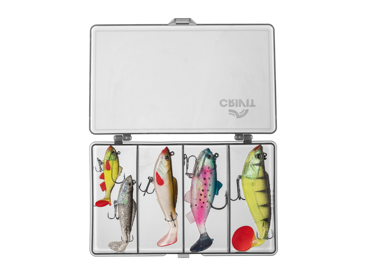Σετ δολωμάτων ψαρέματος CRIVIT με πέντε πολύχρωμα δολώματα σε διαφανές κουτί.