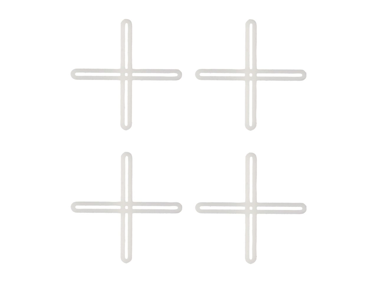 Four white tile spacers arranged in a grid pattern