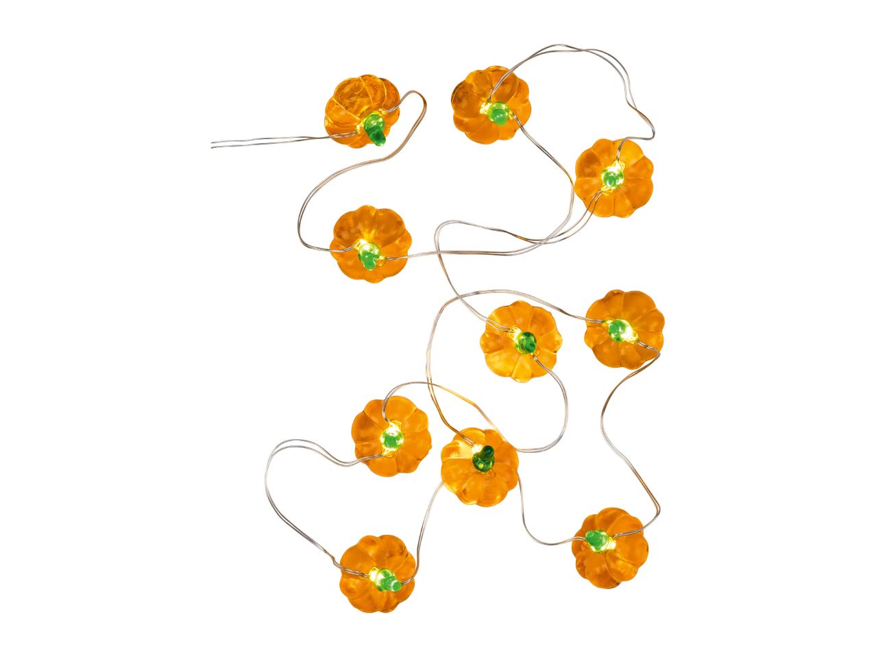 Pumpkin-shaped string lights with orange pumpkins and green stems.