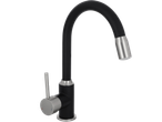 Torneira de cozinha preta e prateada com bico flexível tipo pescoço de ganso e alavanca única.