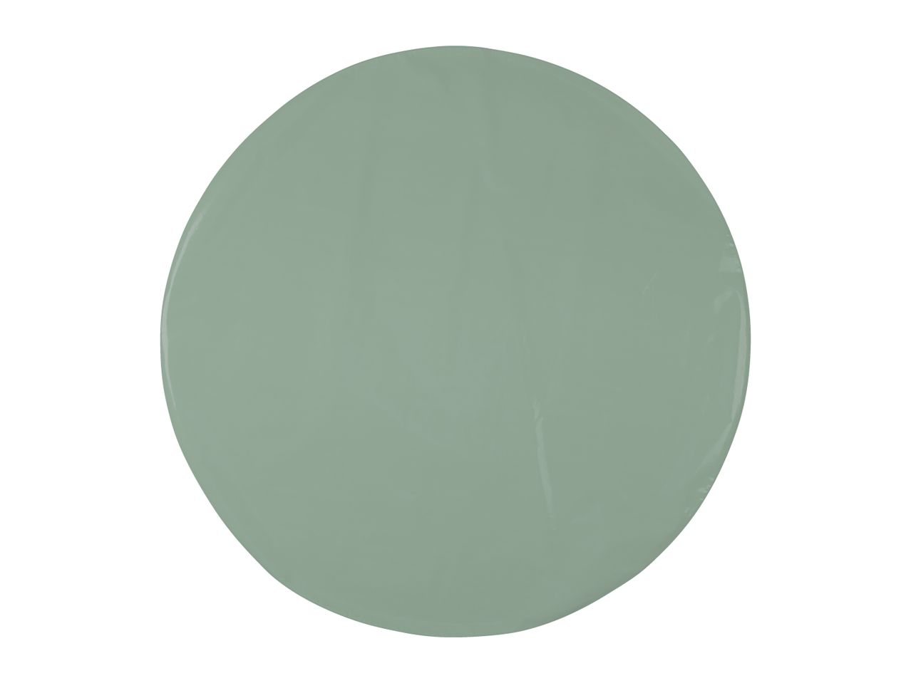 A round, flat, sage green plate on a white background.