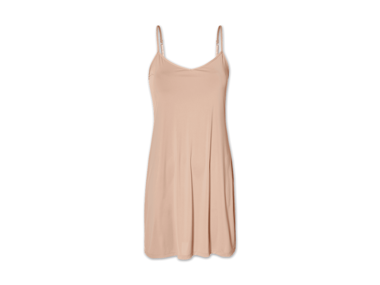 Ein beigefarbenes, schulterfreies Unterkleid.