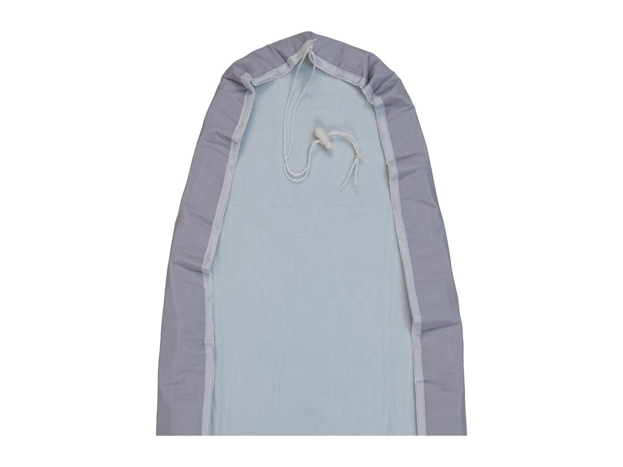 Light grey ironing board cover with a drawstring and cord lock.