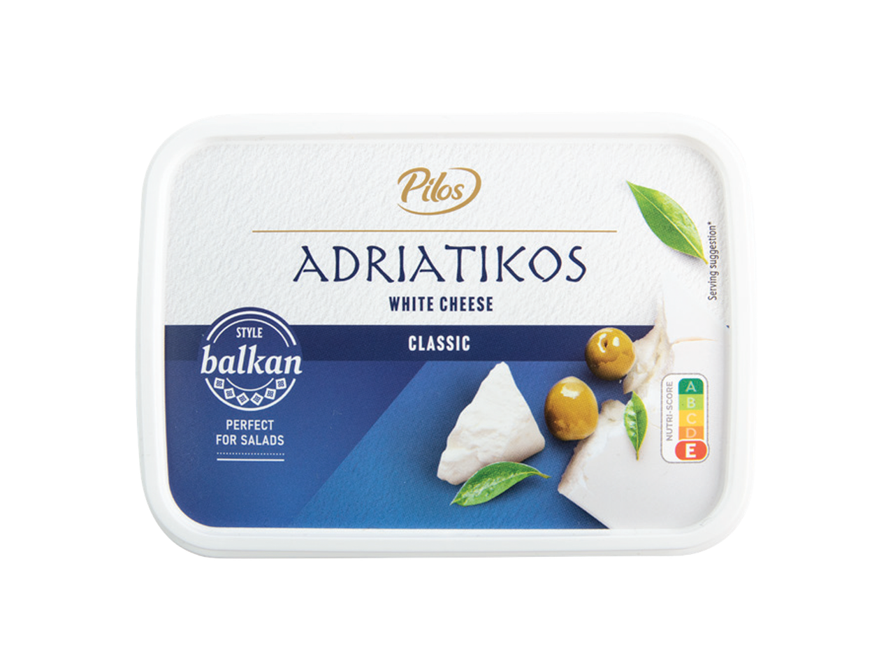 Balkanski beli sir u posudi, sa maslinama i listovima, Nutri-score E.