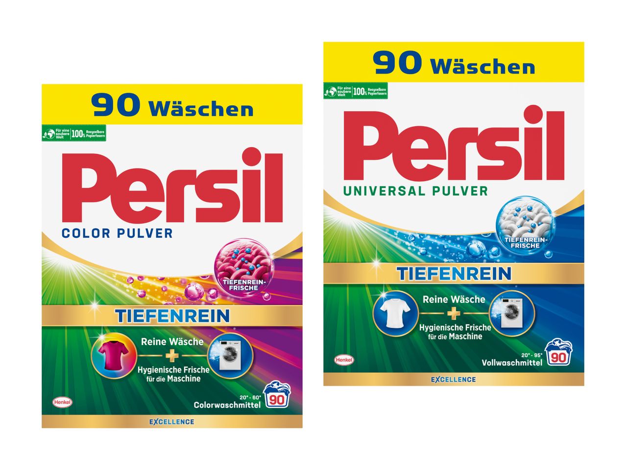 Due confezioni di detersivo Persil in polvere, una per colori e una universale, entrambe con 90 lavaggi.