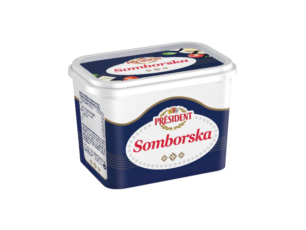 President Somborska sir u beloj plastičnoj posudi sa plavom etiketom.