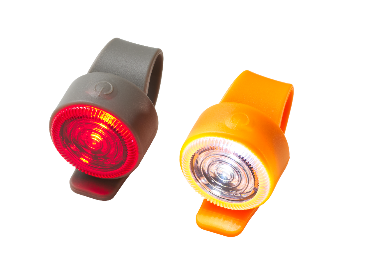 Две светещи силиконови LED светлини, една червена и една бяла, за велосипед или дрехи.