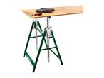 A portable workbench with a wooden top, a screwdriver, and a tool kit.