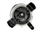 Top-down view of a blender base with a black plastic and metal mechanism.