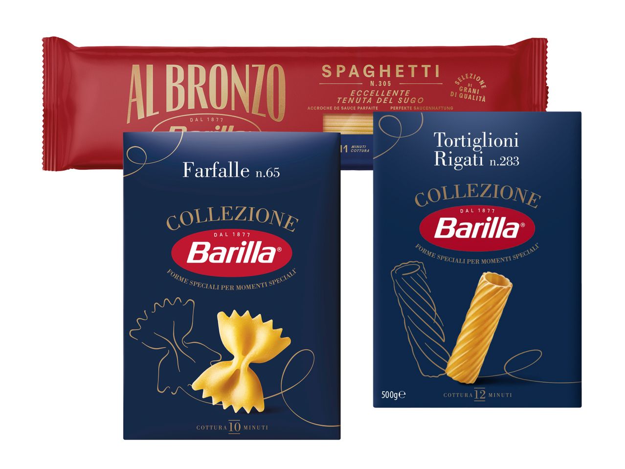 Barilla Collezione Pasta: Farfalle, Tortiglioni Rigati und Spaghetti Al Bronzo.