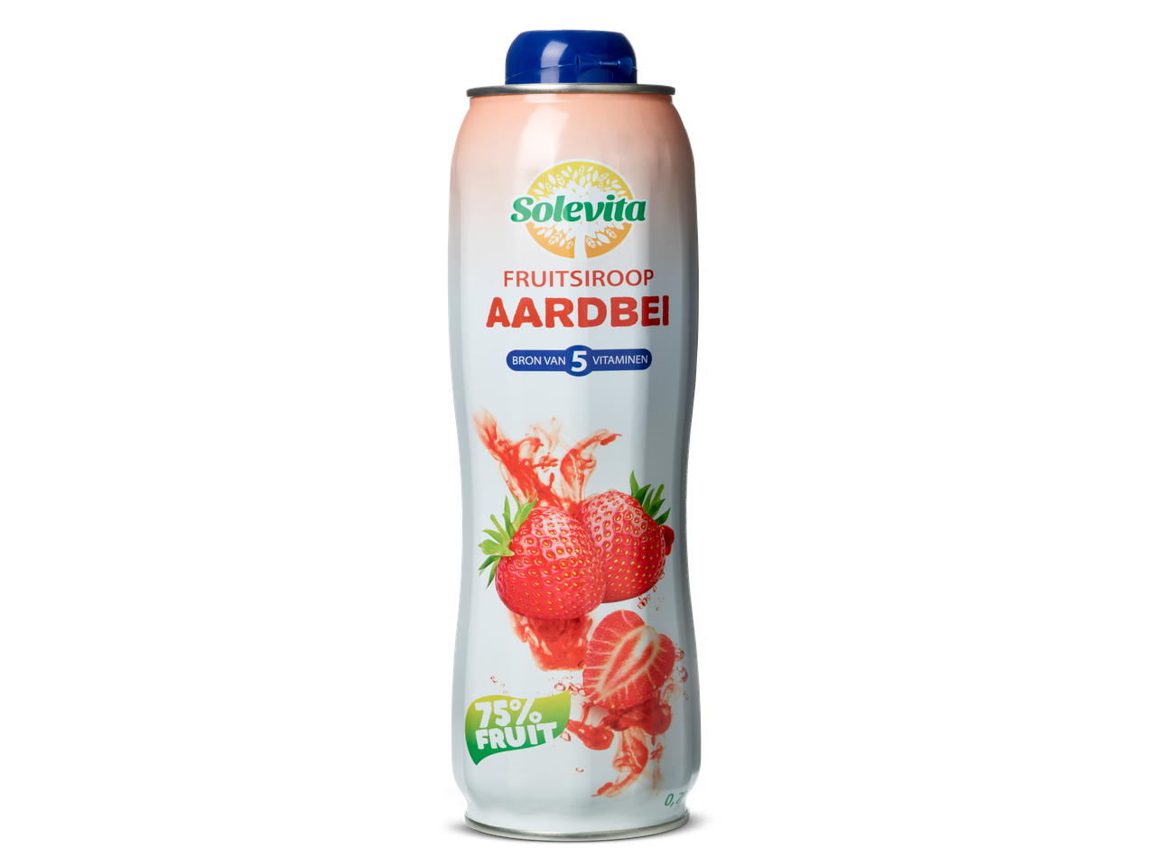 Solevita aardbeienfruitsiroopfles, 75% fruit, bron van 5 vitaminen.