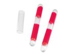 Two red glow sticks and a clear plastic tube on a white background.