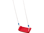 Red swing with white ropes and blue adjusters on a black background.