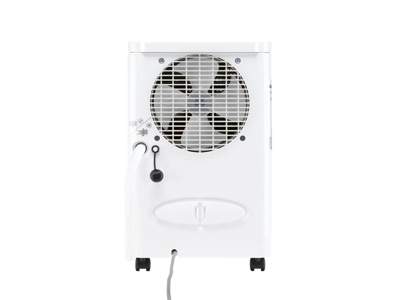 Fehér hordozható léghűtő hátulja ventilátorral és leeresztő tömlővel.