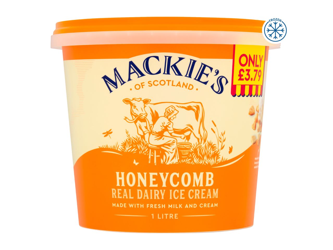 Honeycomb real dairy ice cream tub with a cow and milkmaid illustration, marked as frozen and priced at £3.79.