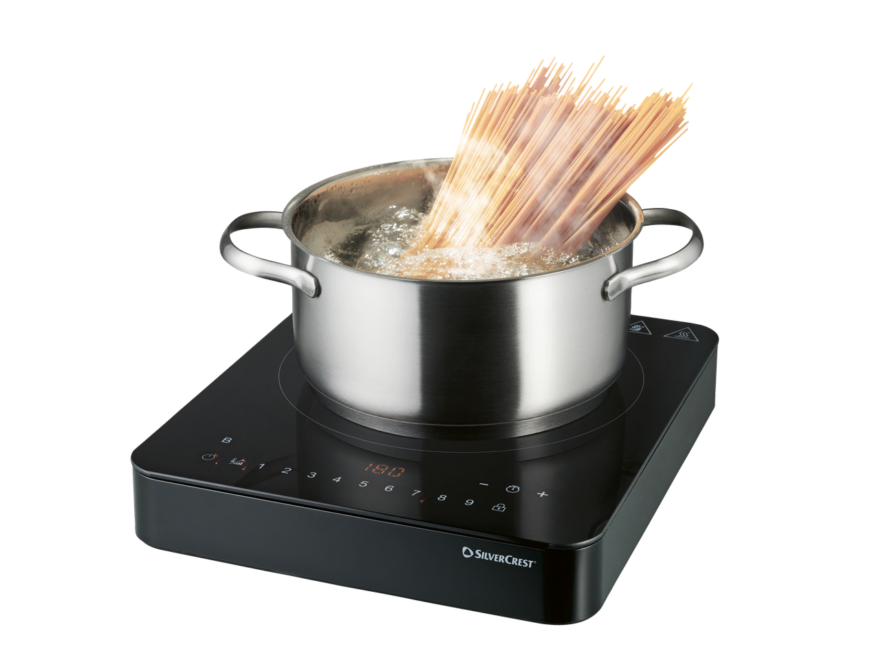 Placa de indução com uma panela de água a ferver e esparguete