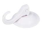 A white plastic suction cup hook.