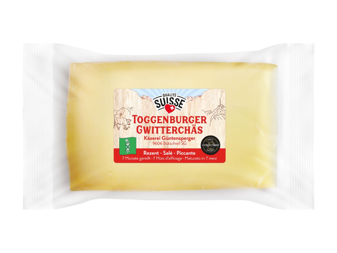 Eine Packung Toggenburger Gwitterchäs, ein Schweizer Käse mit 7 Monaten Reifezeit.