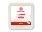 En pakke Samsø ost fra Madværket, mærket som mild med 16% fedt og 300g.