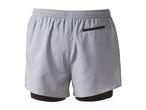 Men's grey running shorts with black inner shorts and a zippered back pocket.