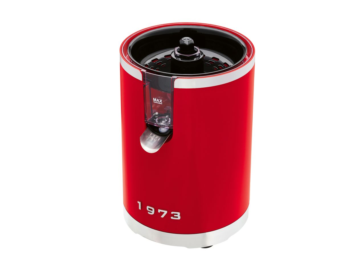 Spremiagrumi elettrico rosso con finiture cromate e la scritta '1973'.