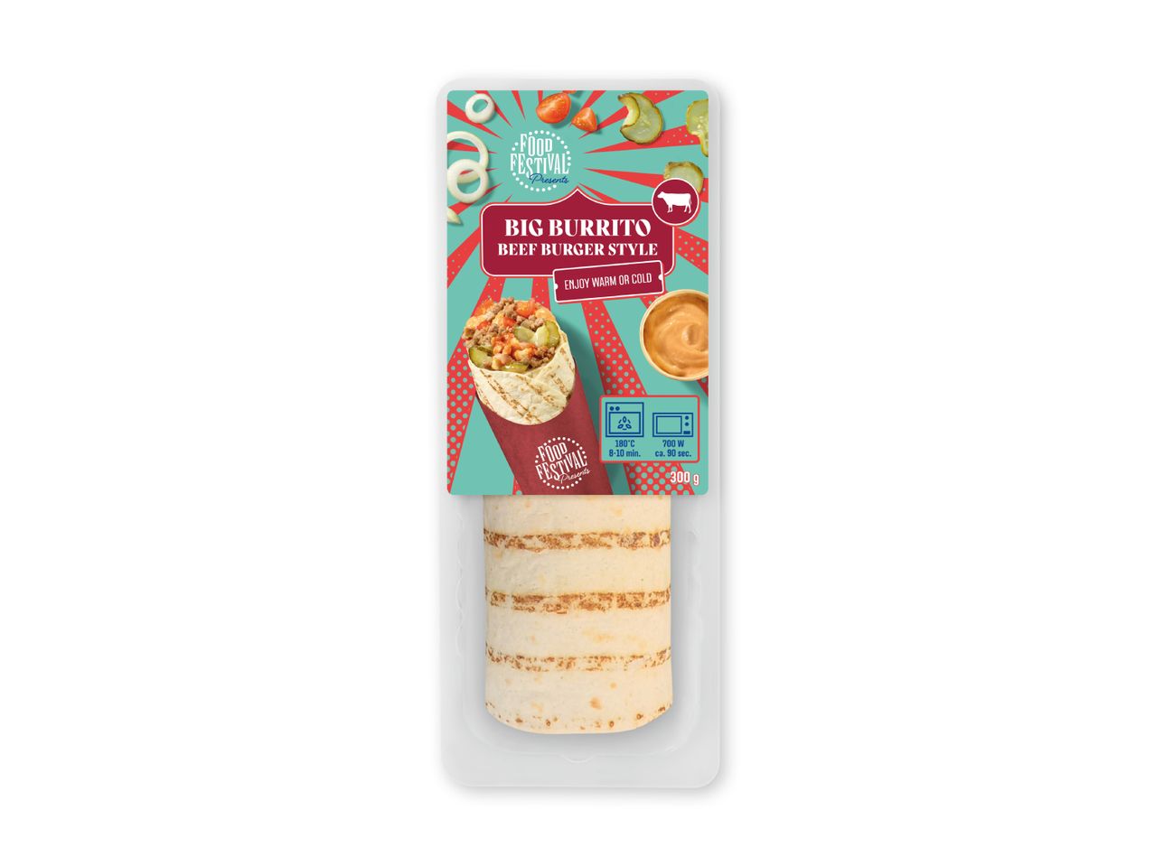 Big Burrito med oksekød i burgerstil, klar til at blive nydt varm eller kold.