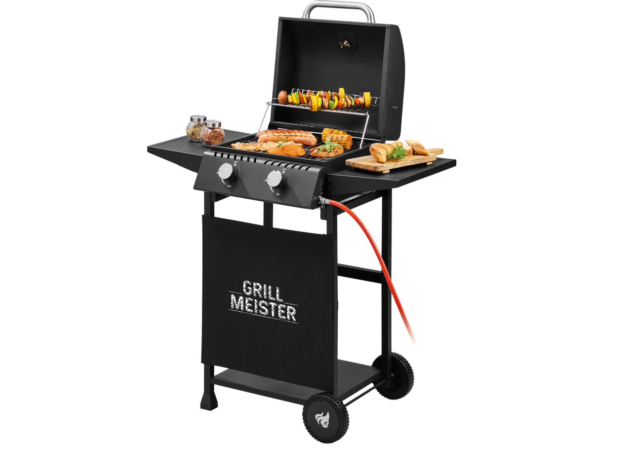 Grillmeister 2 Burner Gas Barbecue with grilled food, spices, and bread