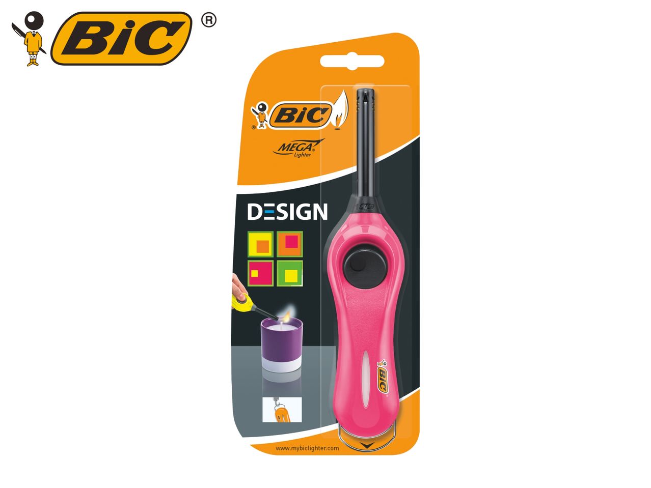 Pink long-reach lighter in packaging, with design elements and a candle lighting illustration.
