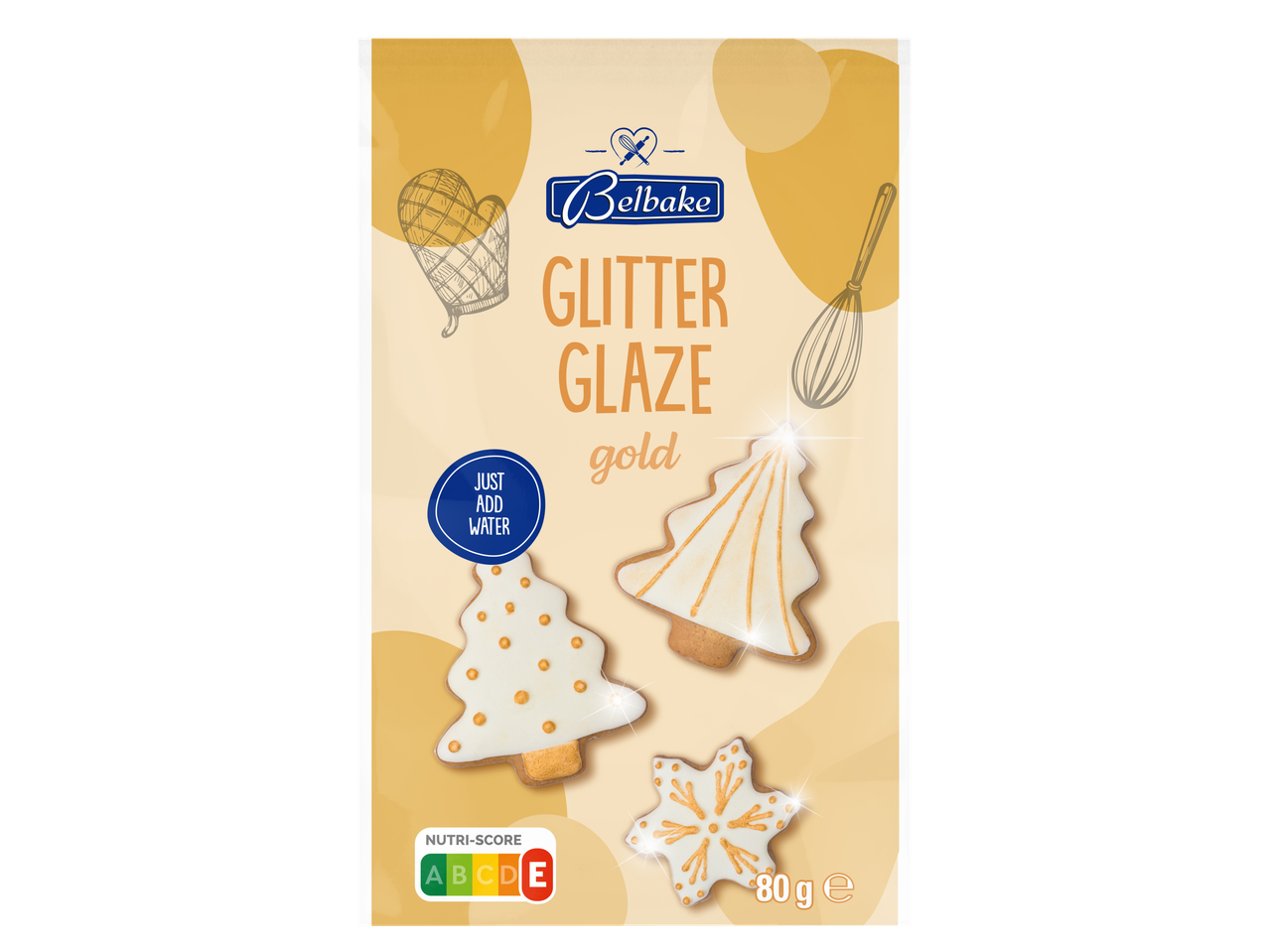 Belbake Glitter Glaze Gold: Zelta mirdzoša glazūra Ziemassvētku eglītes un sniegpārslas cepumiem.