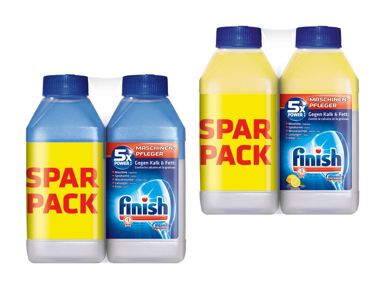 Multipacks Finish Geschirrspülmaschinenreiniger, mit gelben und blauen Etiketten.