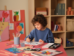 Child painting with Crelando A4 Sketch Pad, watercolors, and brushes on a red table.