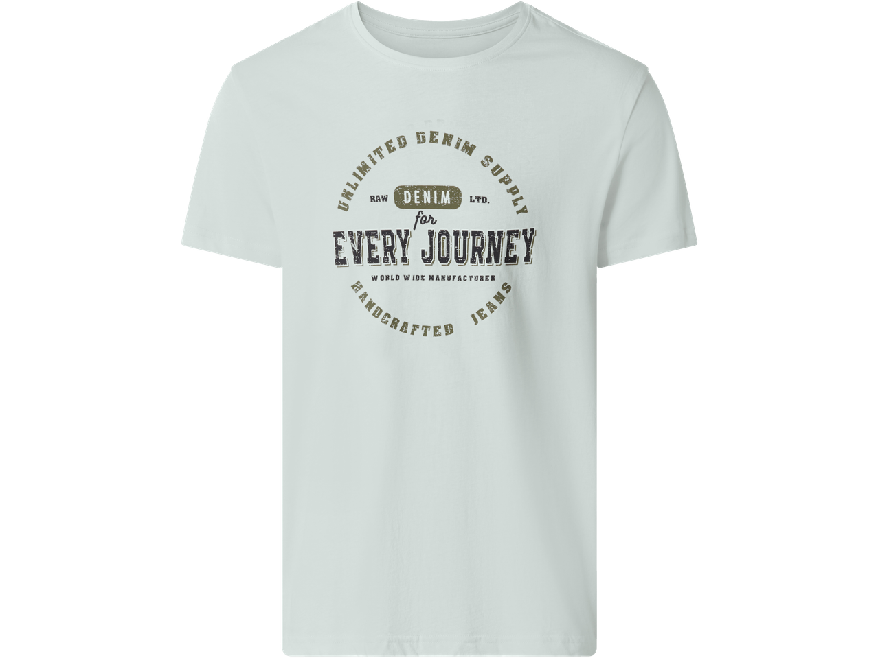 Šviesiai mėlyni marškinėliai su užrašu 'UNLIMITED DENIM SUPPLY for EVERY JOURNEY'