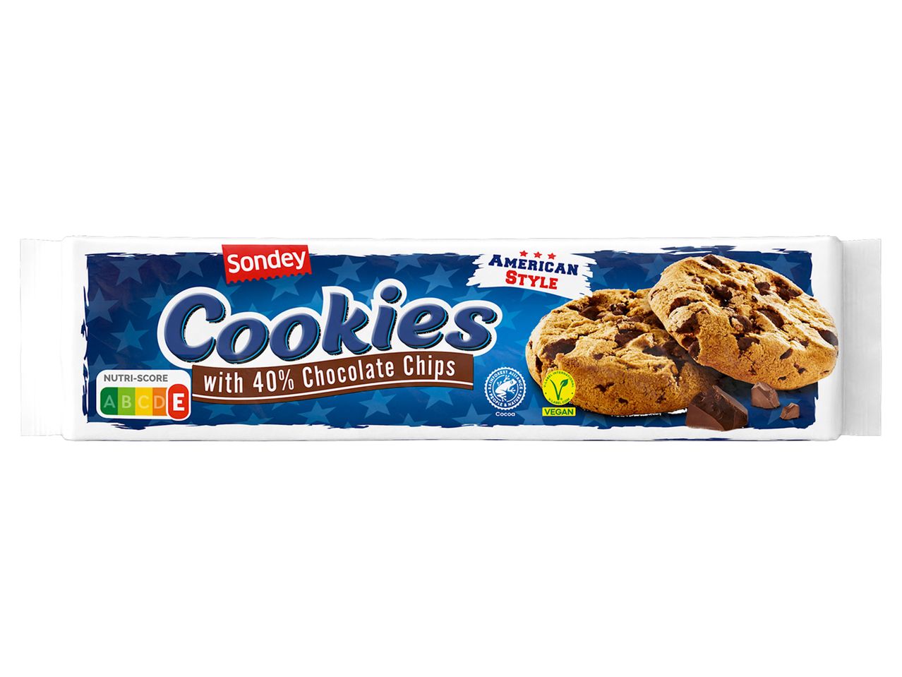 Sondey csokicsippes kekszek, amerikai stílusú, vegán.