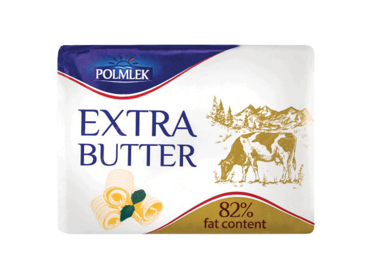 Või pakend kirjaga 'EXTRA BUTTER', 82% rasvasisaldusega, lehma ja mägede pildiga.
