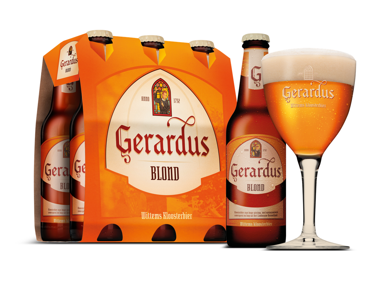 Gerardus Blond abdijbier: flessen en glas.