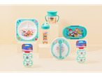 Paw Patrol tableware and soothers: plates, bottle, cup and pacifiers.