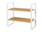 Two-tier bamboo shelf with white metal frame, ideal for kitchen or bathroom storage.