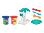 Playdough set with two tubs of dough, a pasta maker, a plate, and utensils.