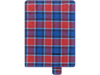 Cobreleito de piquenique com estojo acoplado, padrão xadrez vermelho e azul.