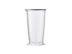 A clear measuring cup with black markings for a SILVERCREST® hand blender set.