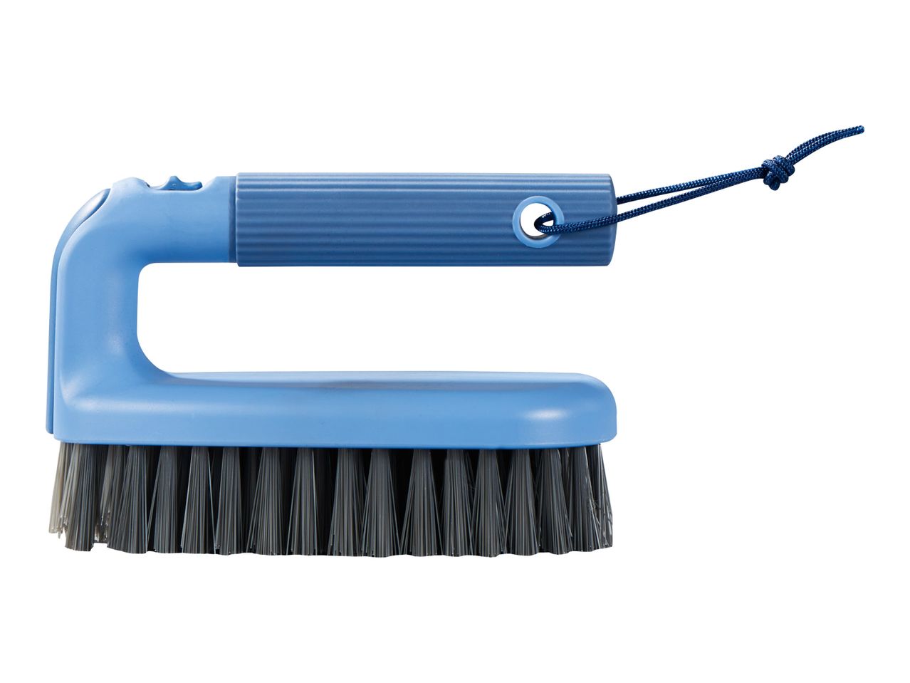 A blue plastic scrub brush with a comfortable handle.
