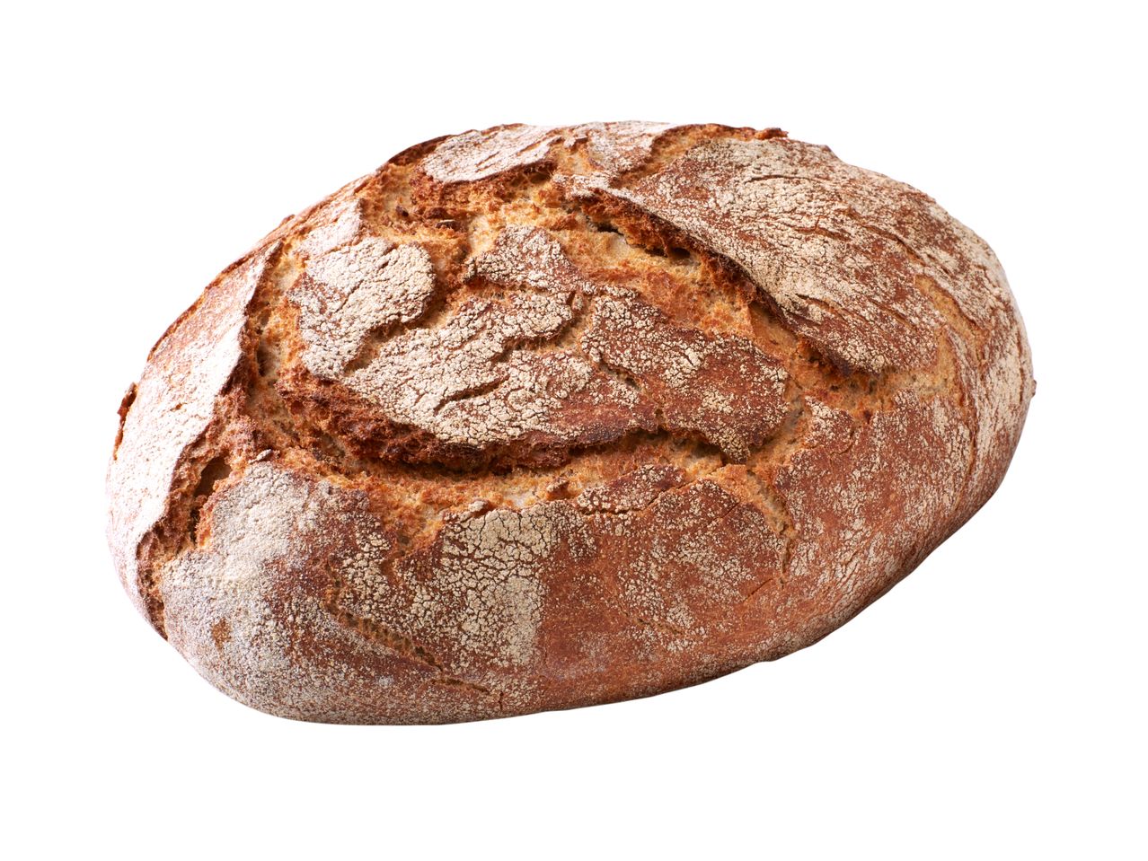 Oval rustic loaf of bread.
