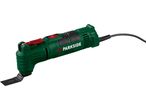 Green oscillating multi-tool with a black saw blade and power cord.