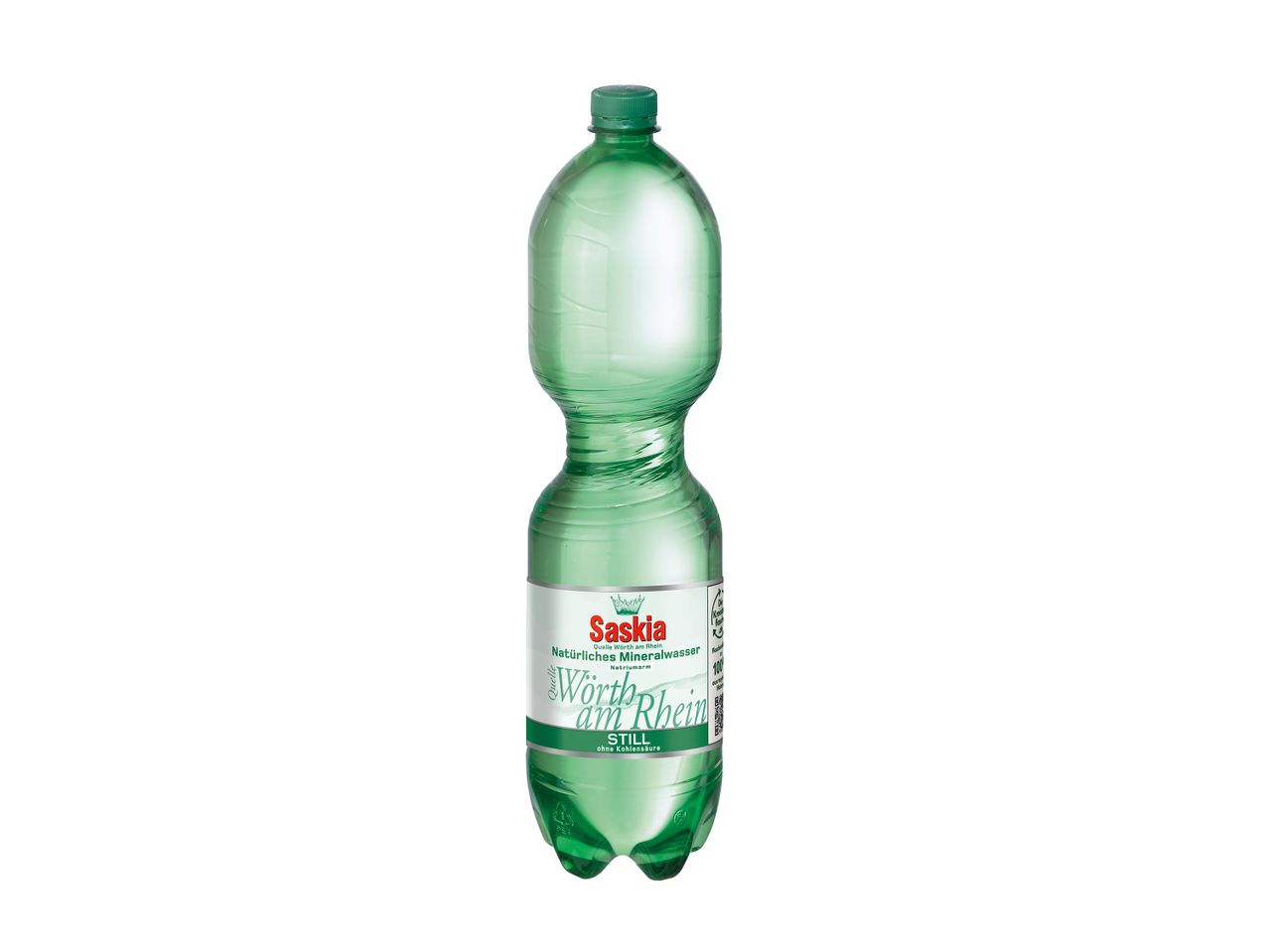 Eine 1,5-Liter-Flasche Saskia stilles Mineralwasser aus Worth am Rhein.